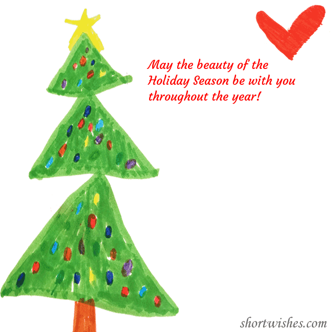 Christmas card with a Christmas tree and a heart drawn by a child