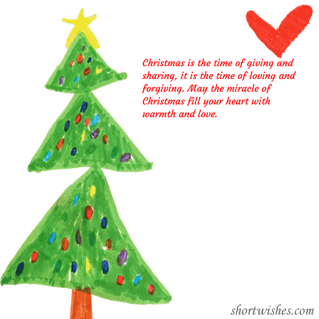 Christmas card with a Christmas tree and a heart drawn by a child