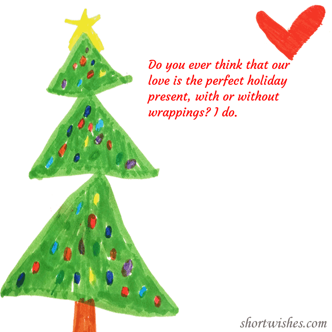 Christmas card with a Christmas tree and a heart drawn by a child