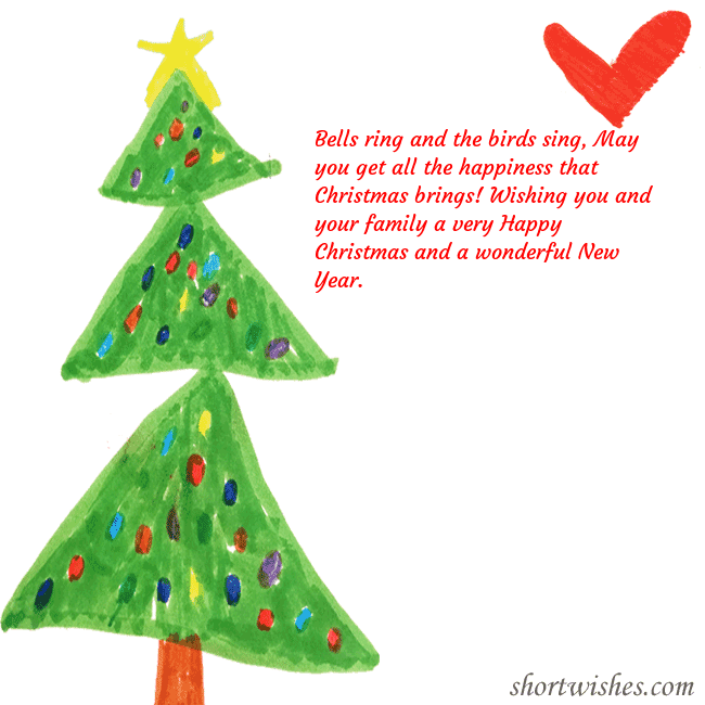 Christmas card with a Christmas tree and a heart drawn by a child