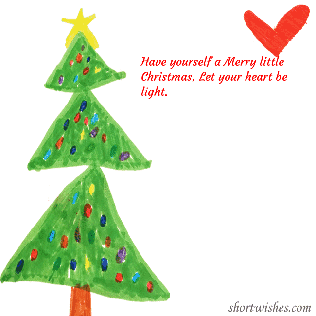 Christmas card with a Christmas tree and a heart drawn by a child