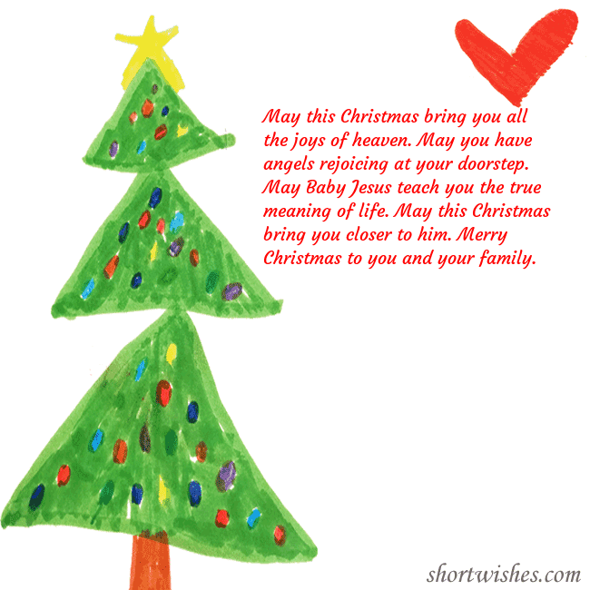 Christmas card with a Christmas tree and a heart drawn by a child