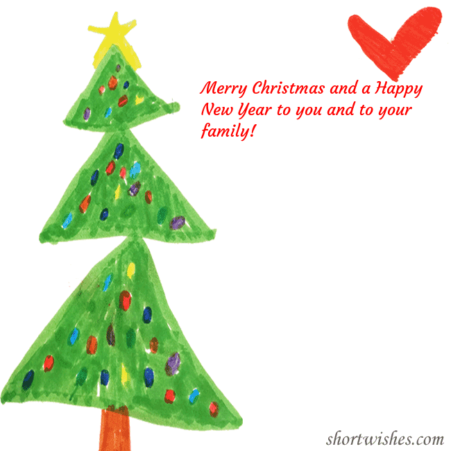 Christmas card with a Christmas tree and a heart drawn by a child