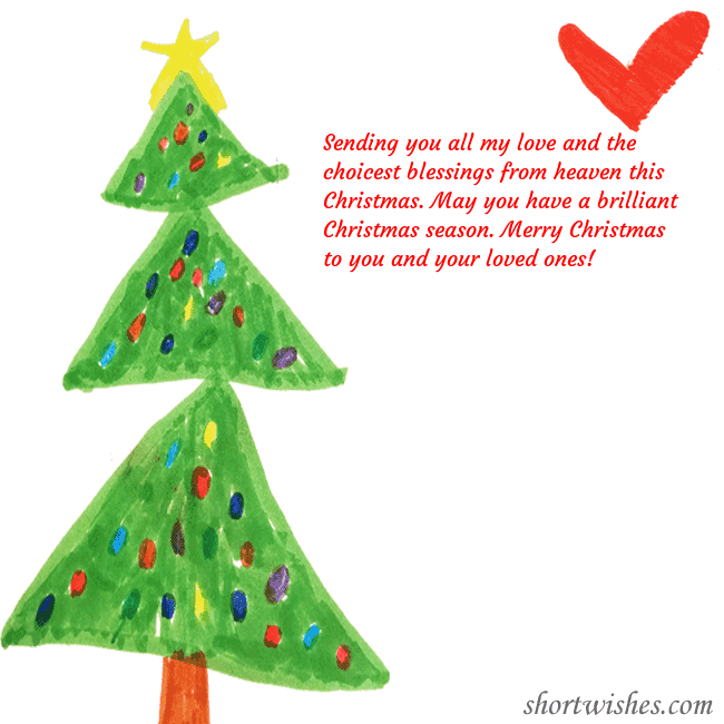 Christmas card with a Christmas tree and a heart drawn by a child