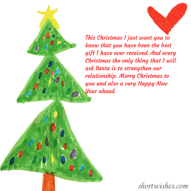 Christmas card with a Christmas tree and a heart drawn by a child