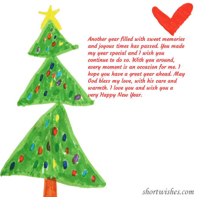 Christmas card with a Christmas tree and a heart drawn by a child