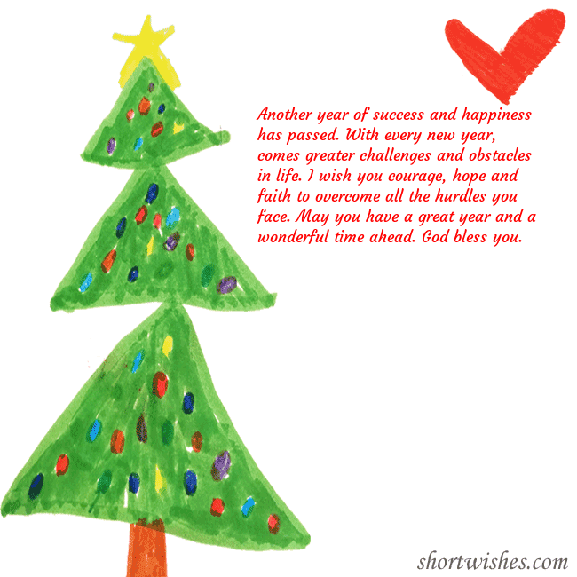 Christmas card with a Christmas tree and a heart drawn by a child