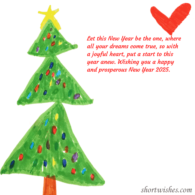 Christmas card with a Christmas tree and a heart drawn by a child