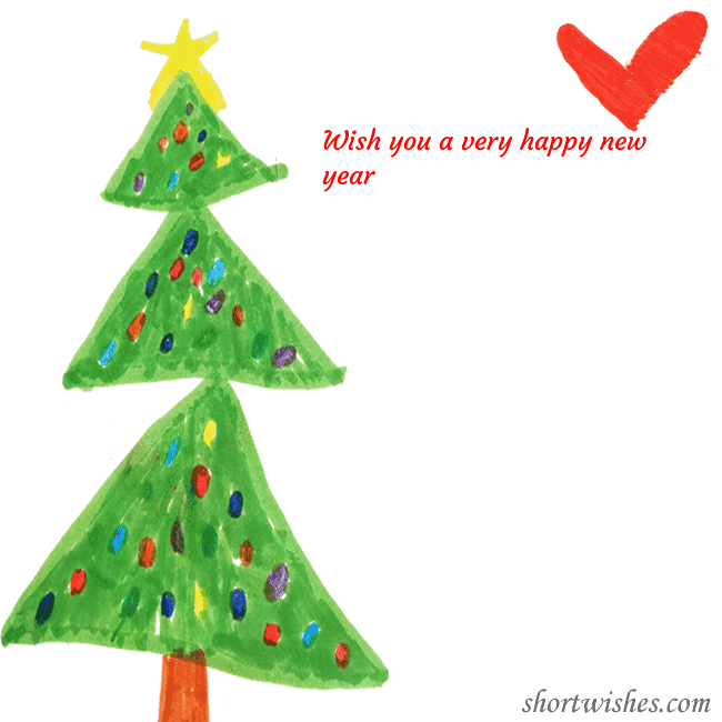 Christmas card with a Christmas tree and a heart drawn by a child