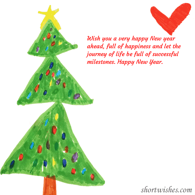 Christmas card with a Christmas tree and a heart drawn by a child