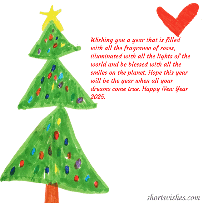 Christmas card with a Christmas tree and a heart drawn by a child