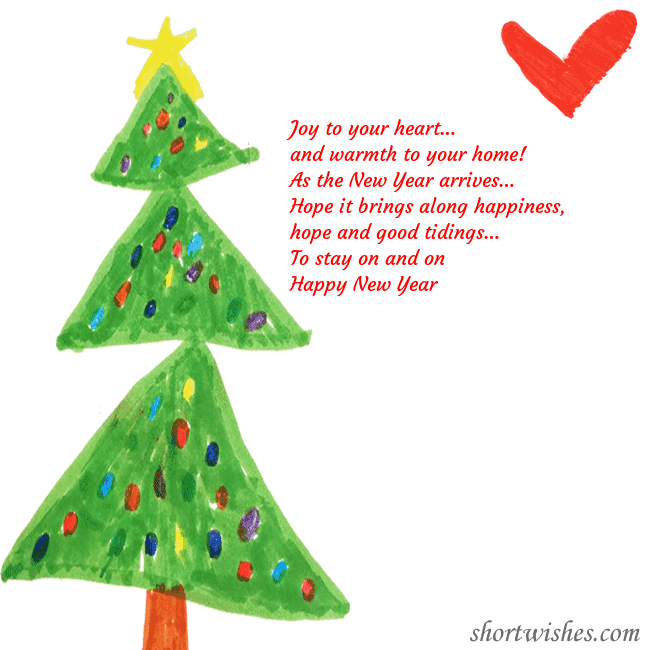 Christmas card with a Christmas tree and a heart drawn by a child