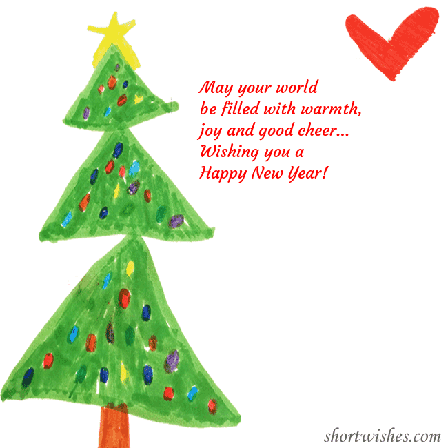 Christmas card with a Christmas tree and a heart drawn by a child