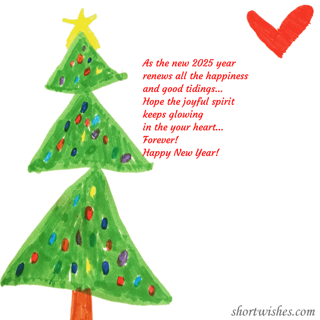 Christmas card with a Christmas tree and a heart drawn by a child