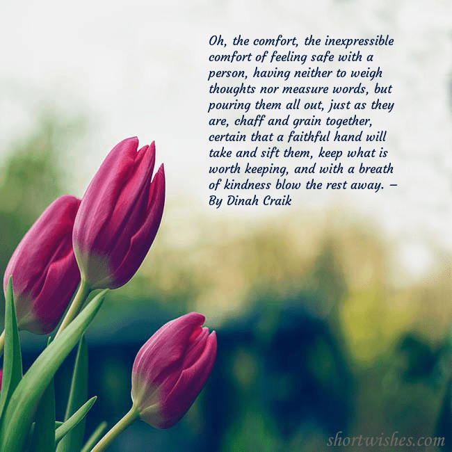 Ecard with three red tulips Oh, the comfort, the inexpressible comfort of feel Ecard with three red tulips