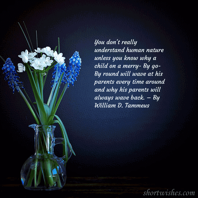 A postcard with blue flowers in a vase You don't really understand human nature unless yo A postcard with blue flowers in a vase
