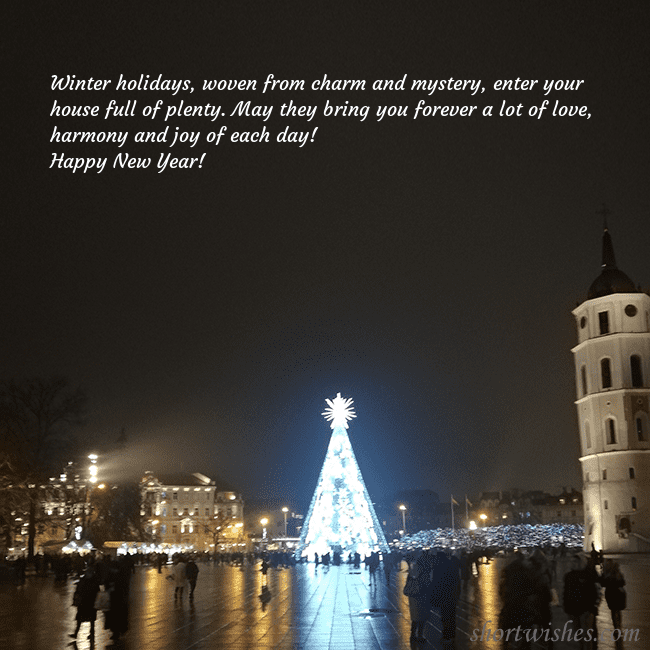 Postcard with a Christmas tree near the cathedral