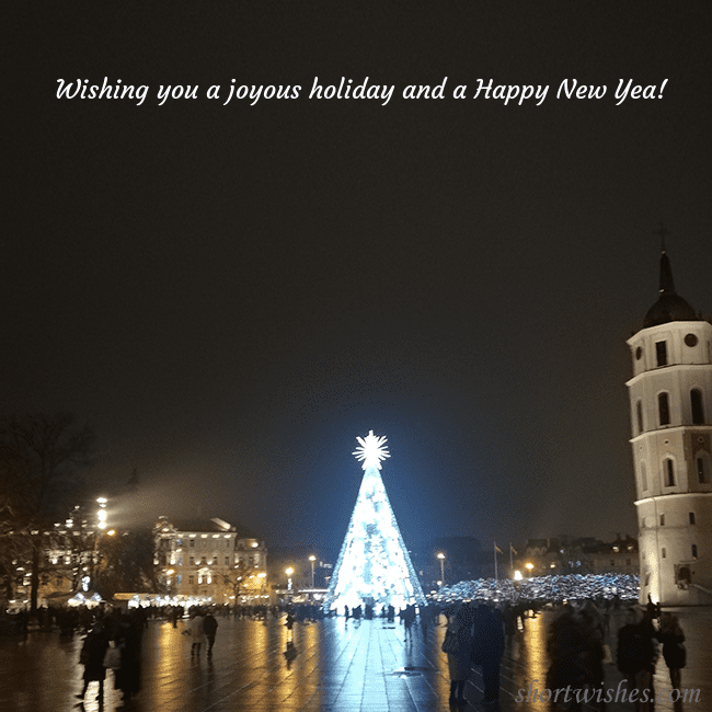 Postcard with a Christmas tree near the cathedral